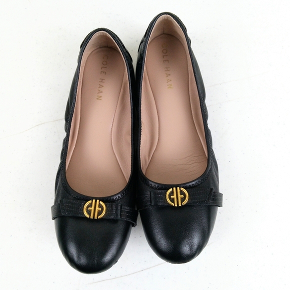 Cole Haan Tova Bow Ballet Flats Women Size 7.5 Black Leather Slip On Shoes - Picture 1 of 10